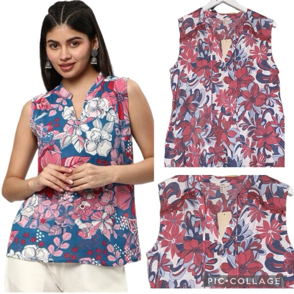 NWT! Como Vintage Floral Print Crochet Detail Notched V-Neckline Sleeveless Top - Picture 1 of 15